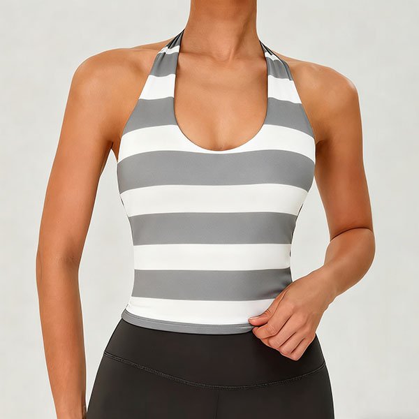 Women's halter neck gray and white striped tank top